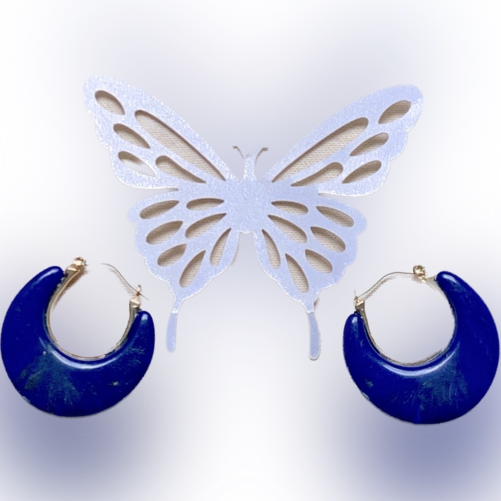 🦋Cobalt Blue with Marbled Brown Swirls Gold Tone Hoop Earrings by Cookie Lee - Picture 5 of 5